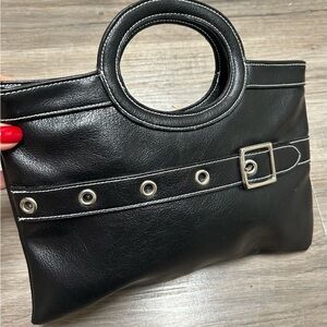 Black Faux Leather Buckle Mini Tote Bag Grommet Ring Handle Silver Hardware